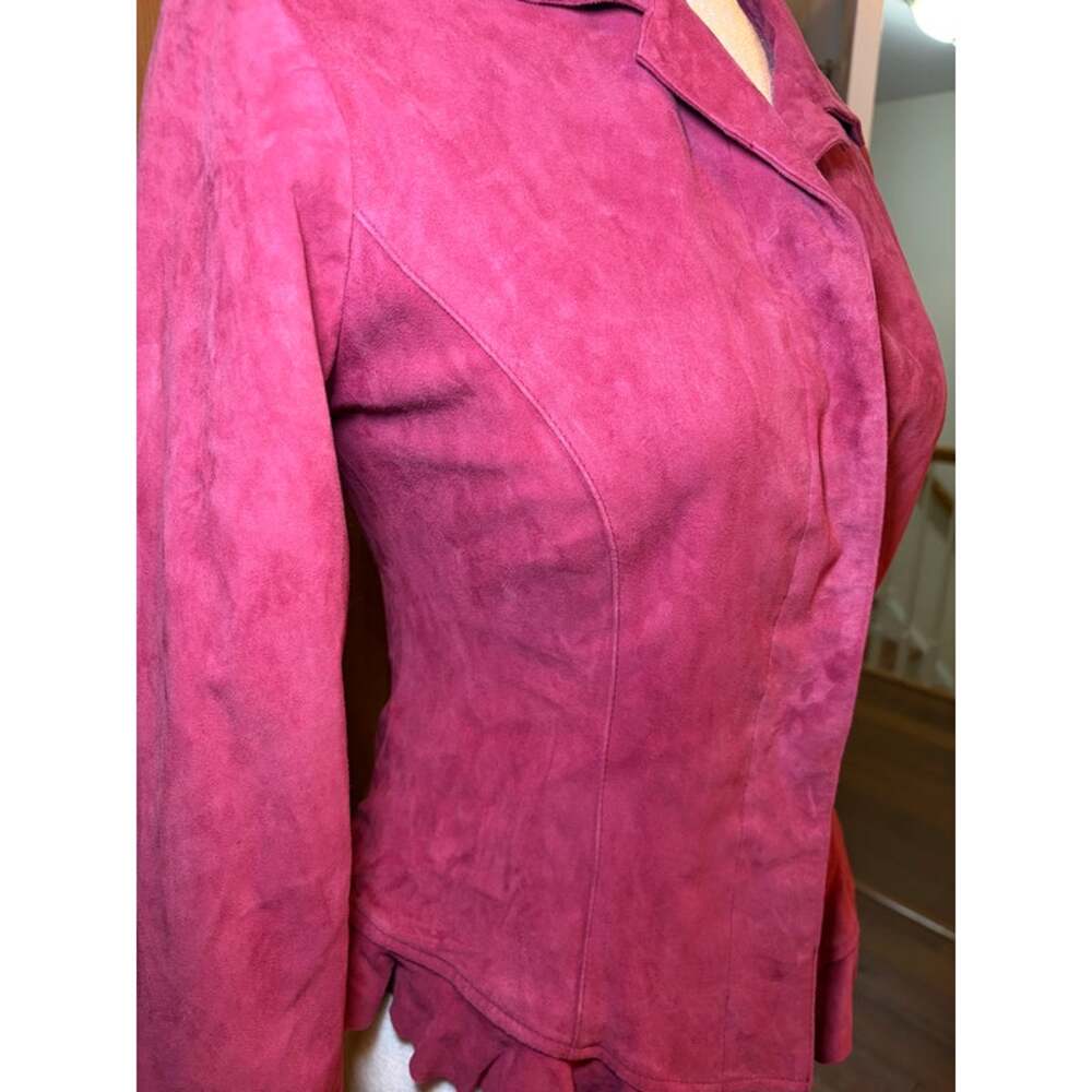 Caché Raspberry Pink Genuine Suede Ruffle Trim Fitted Jacket S - Picture 5 of 8